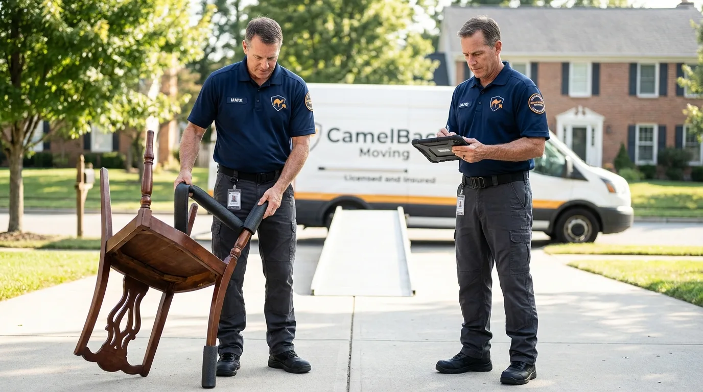 Movers inspecting furniture for damage prevention before loading in Sedalia, MO