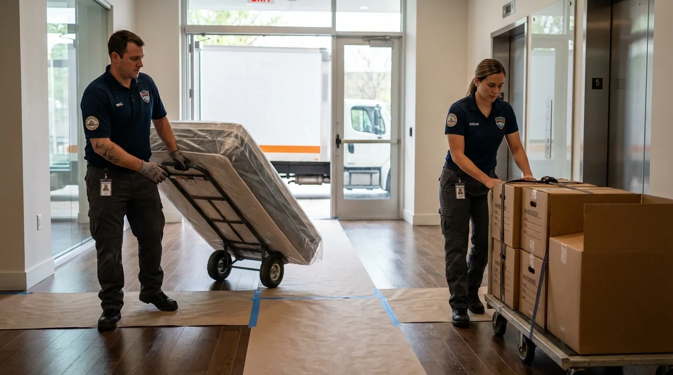 Professional apartment movers loading elevator in Sedalia, MO